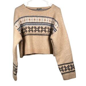 Wild Fable Women's XXL Beige Fair Isle Pullover Knit Cozy Soft Cropped Sweater